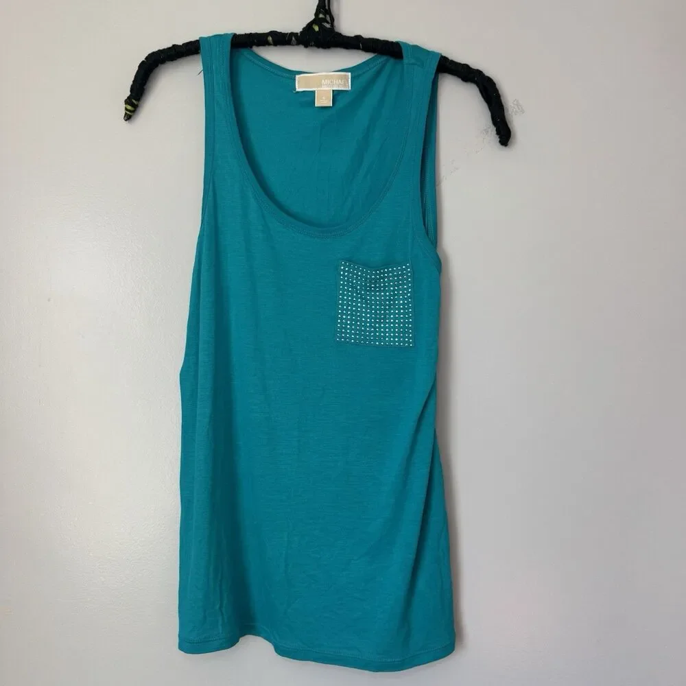 Michael Kors Teal Embellished Rhinestone Y2K Tank Top Sz XS Bling